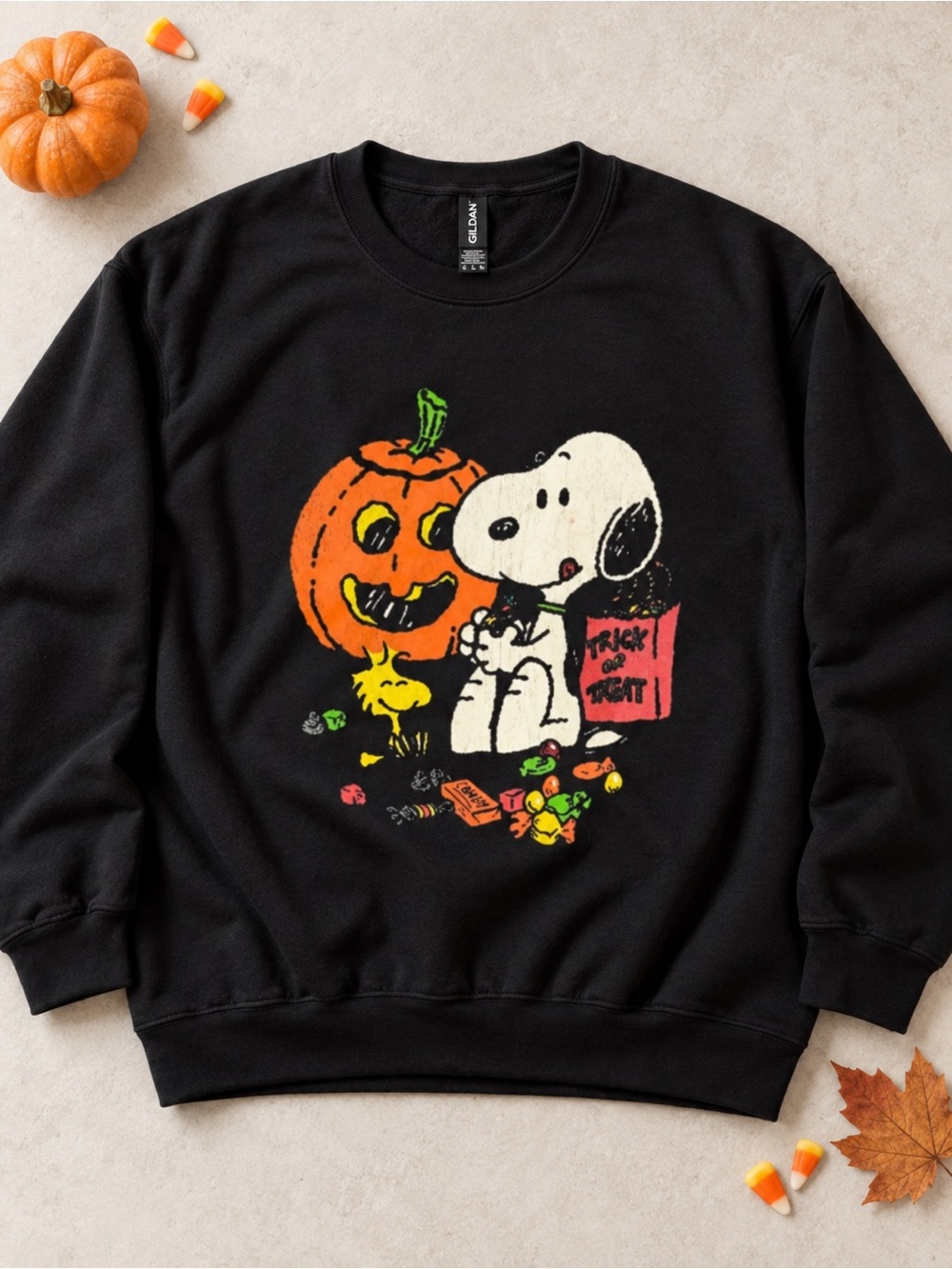Gildan Crewneck Sweatshirt with Trick Or Treat Dog & Pumpkin Halloween Graphic